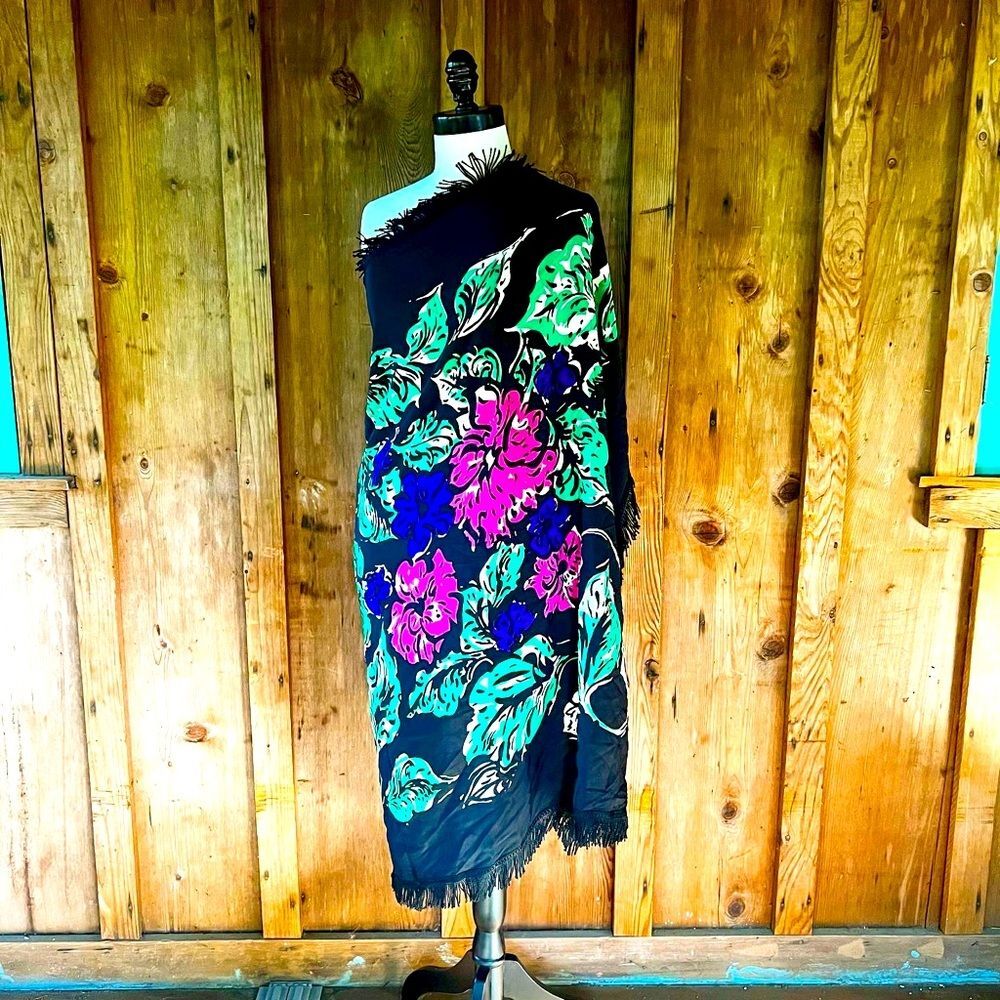 OVERSIZED TASSELED & FRINGED 40’s 40s Black Rayon Crepe Floral Piano Shawl Wrap